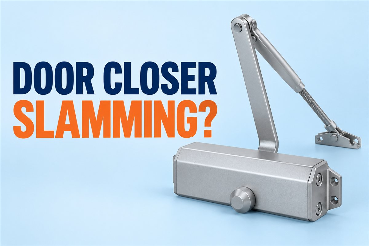 Door closer slamming: overhead closer and door hardware